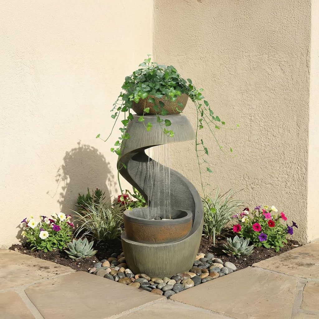 Outdoor Water Feature Patio Fountain with LED Lights, 31.9' Resin Garden Waterfall Fountain Outdoor, Modern S-Shaped Bowl Design Water Feature for Porch, Garden, Yard, Home Decor, Grey