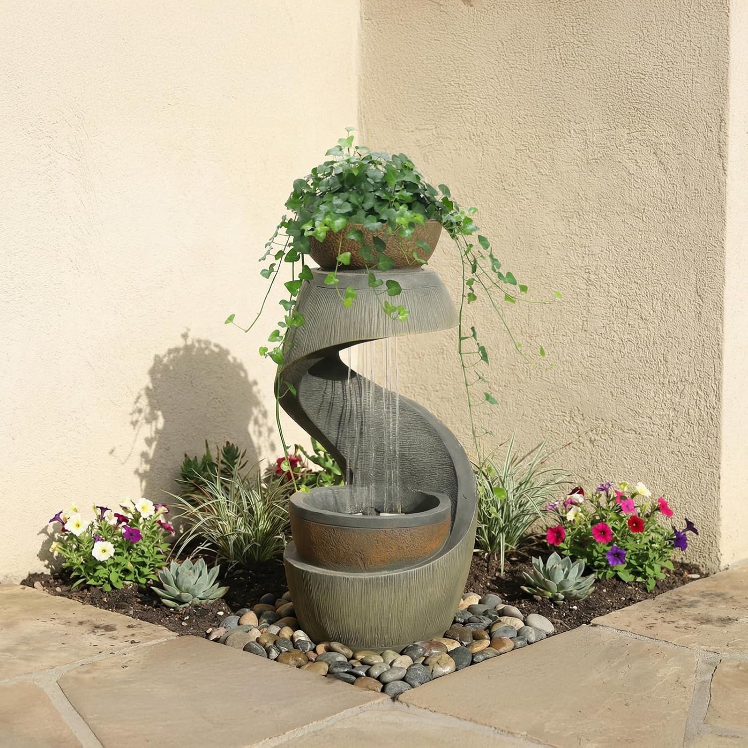 Outdoor Water Feature Patio Fountain with LED Lights, 31.9' Resin Garden Waterfall Fountain Outdoor, Modern S-Shaped Bowl Design Water Feature for Porch, Garden, Yard, Home Decor, Grey