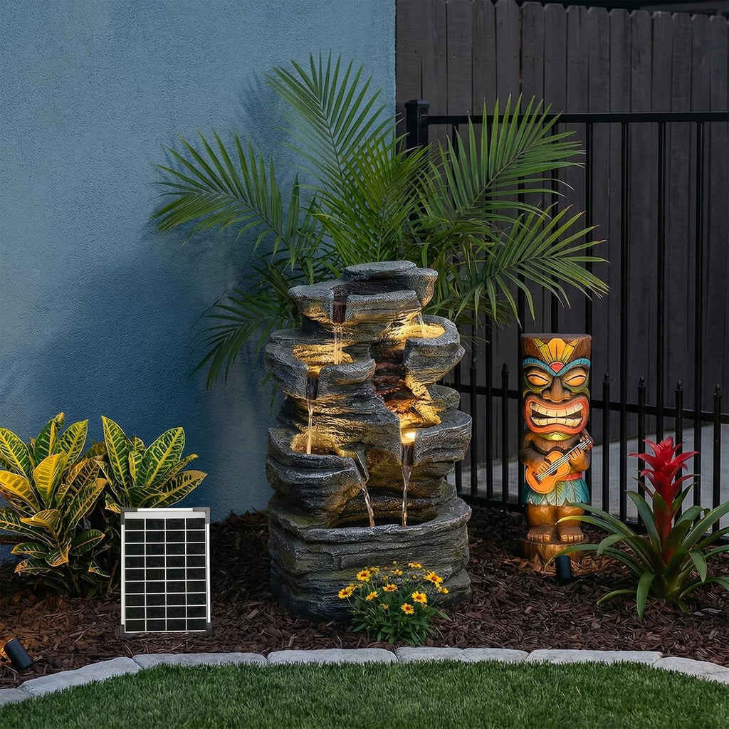 Bumilgar 6 Tier Cascading Rock Solar Water Fountain Outdoor Garden Waterfall Decor for Garden, Patio, Backyard, Deck, Porch and Home Art Decor,24.4' H Outdoor Fountain with LED Lights