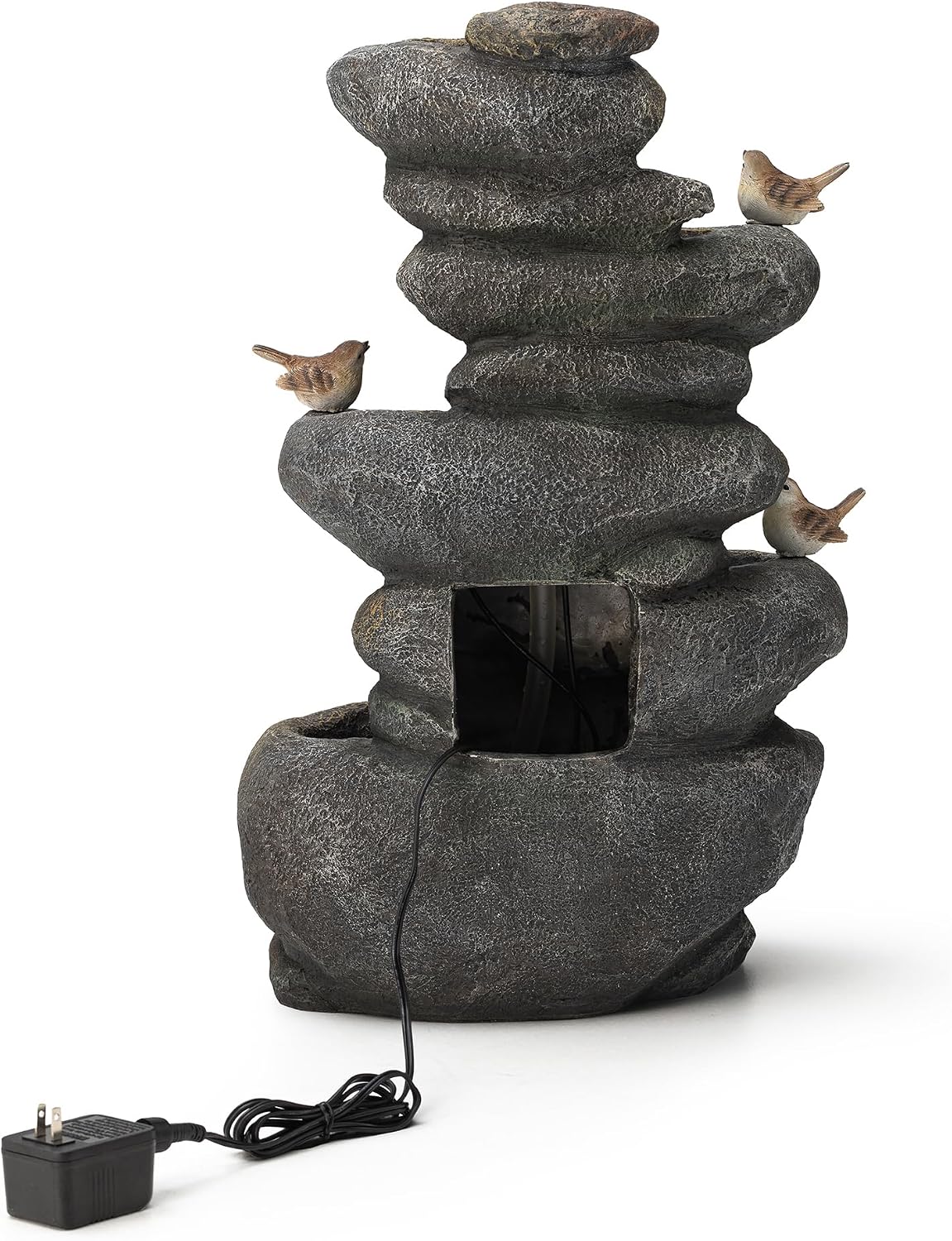 Glitzhome 5-Tier Cascading Rock Outdoor Water Fountain with LED Light & Pump, Natural Stacked Stone Look Water Fountain with Lively Birds for Garden, Patio, Porch, 23'H