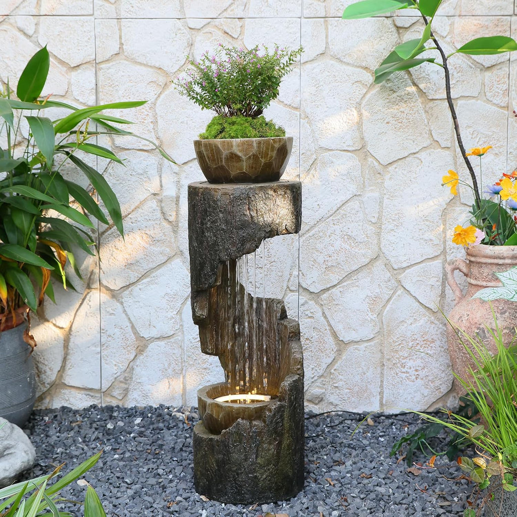 Outdoor Fountain Garden - Patio Waterfall Fountain with Lights, Rustic Wood-Style Cascading Waterfall with Planter Bird Feeder, Resin Water Feature for Deck, Patio, Backyard or Porch, 33.9' H
