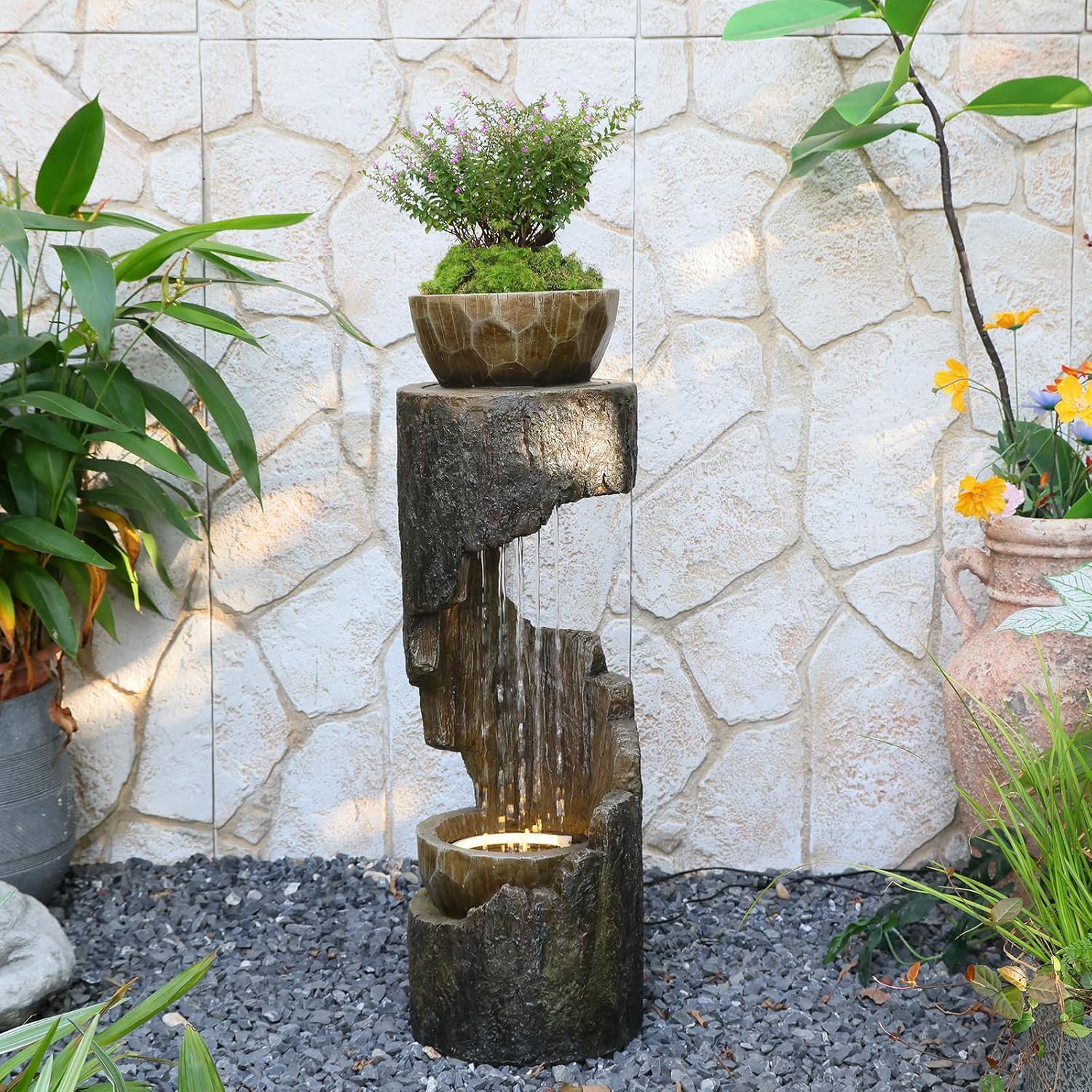 Outdoor Fountain Garden - Patio Waterfall Fountain with Lights, Rustic Wood-Style Cascading Waterfall with Planter Bird Feeder, Resin Water Feature for Deck, Patio, Backyard or Porch, 33.9' H