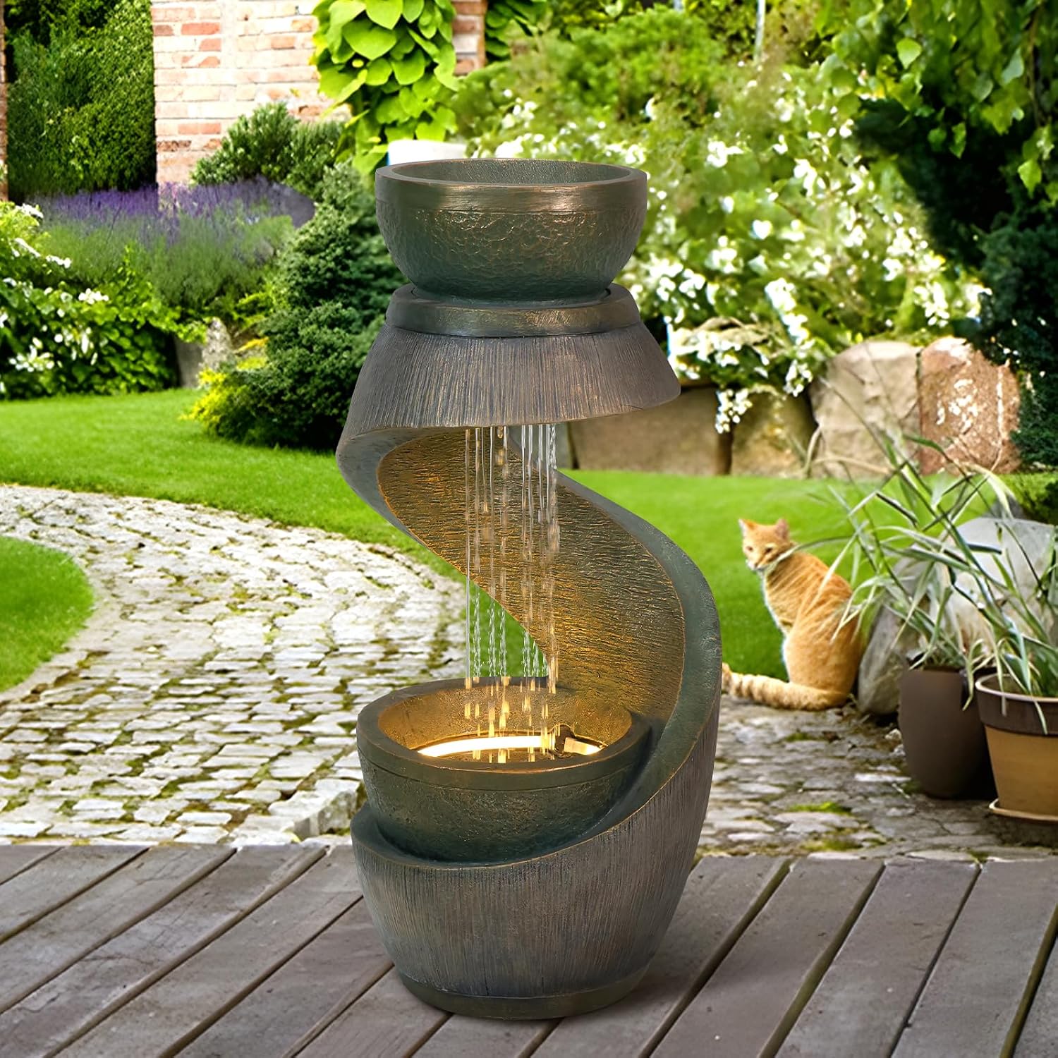 31.9' Outdoor Water Fountain with Lights – S-Shaped Water Feature Outdoor Modern Resin Waterfall Feature with Bowl Planter, Decorative Garden Fountain for Patio Balcony Porch Yard, Gold