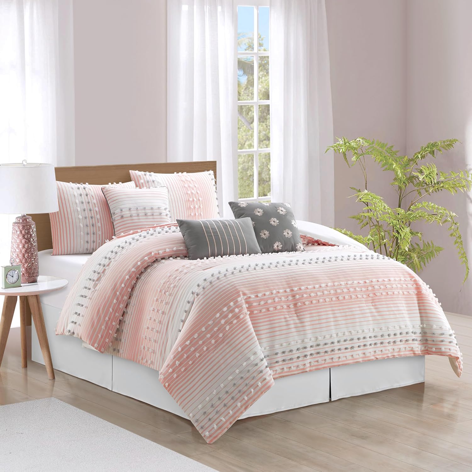 Grand Avenue Pink Striped Dots Cal King Comforter Set, 7 Piece, Jaquard & Clip Bedding Comforters & Sets, Bedskirt, Pillows & Shams, All Season Bedding Set