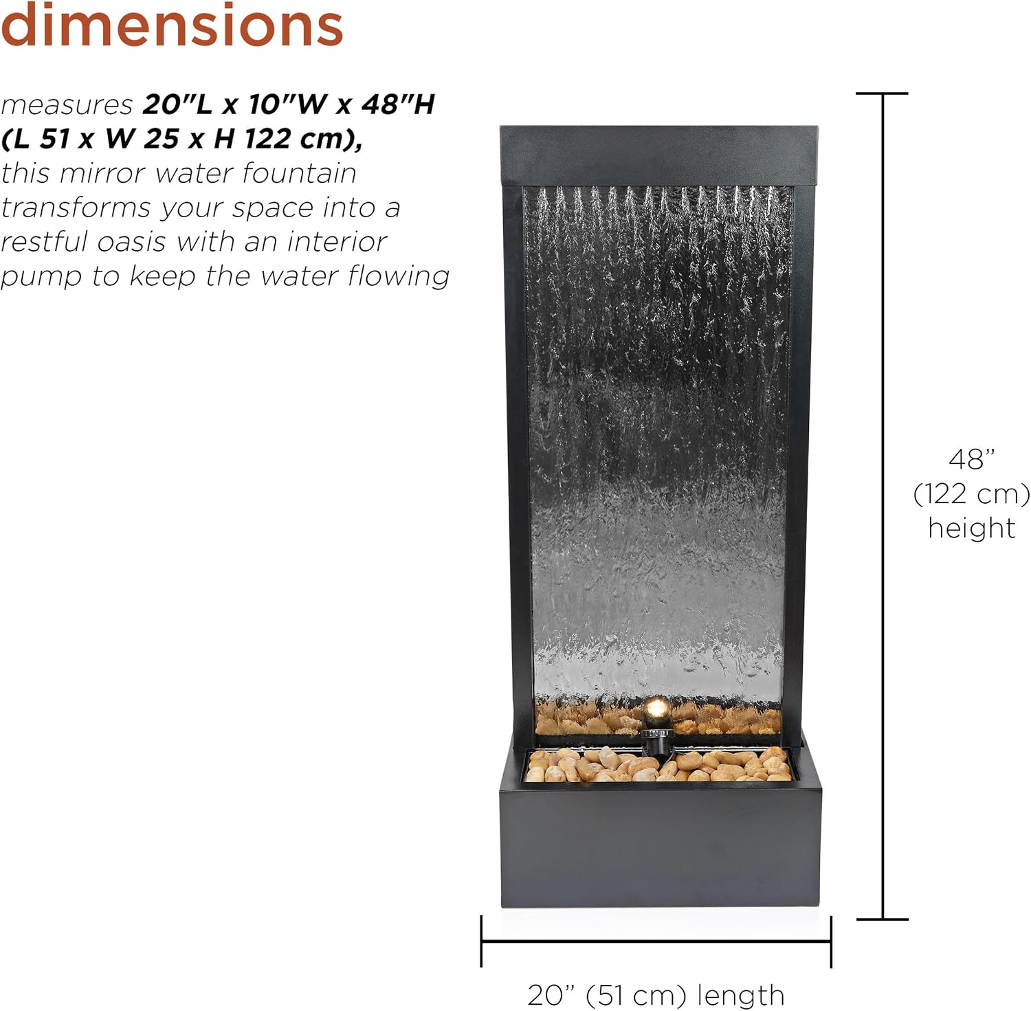 Alpine Corporation - Mirror Waterfall Fountain with Stones & Lights - Zen Indoor/Outdoor Decor for Office, Living Room, Patio, Entryway - 48 Inches (Silver)