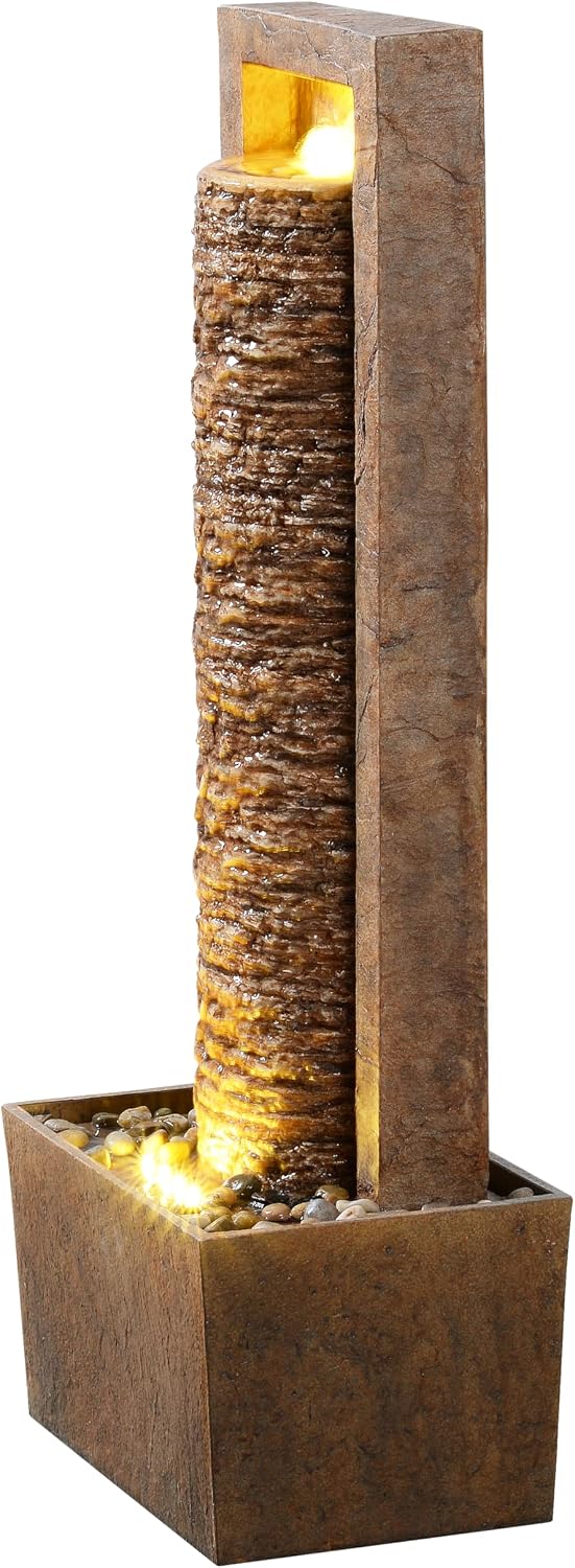 Teamson Home Framed Layered Rock Design Patio Water Fountain–Warm Glow Lighting with Steady Flow & Electric Pump, Brown