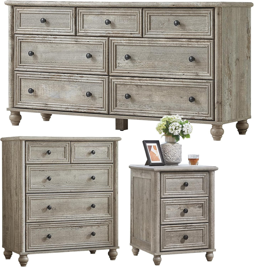 Farmhouse Dressers & Night Stand Set of 3, Wood 54' Wide Dresser & 35.5'Tall Chest of Drawers, 18' Roman Column Nightstand, Bedroom Furniture 7 Drawer Dresser Set for Bedroom Home Living Room Hallway