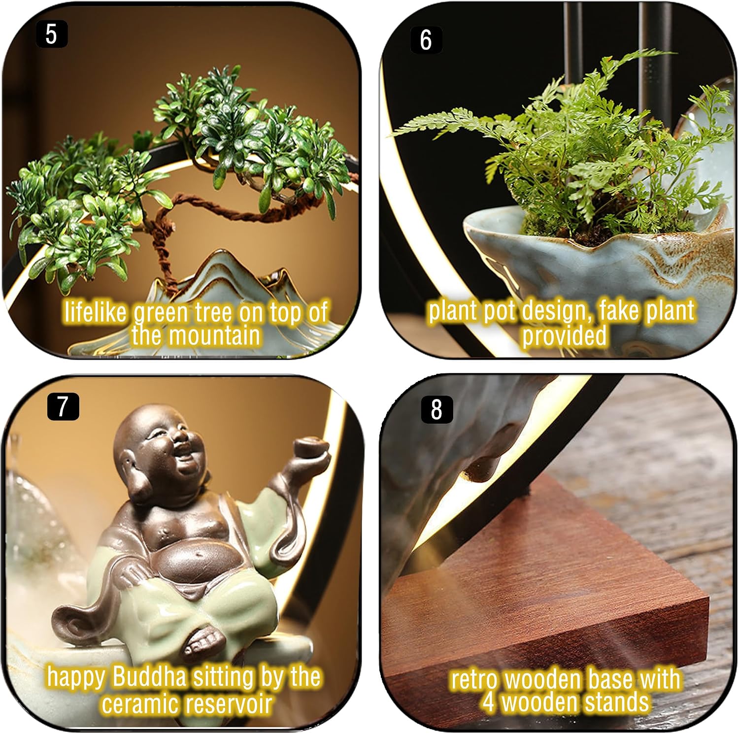 Ceramic Maitreya Buddha Incense Burner, Waterfall Lotus LED Light Ring Backflow Aromatherapy Ornament, with Incense Cones for Home Office Decor for Relaxation Yoga Gift (Buddha-3)