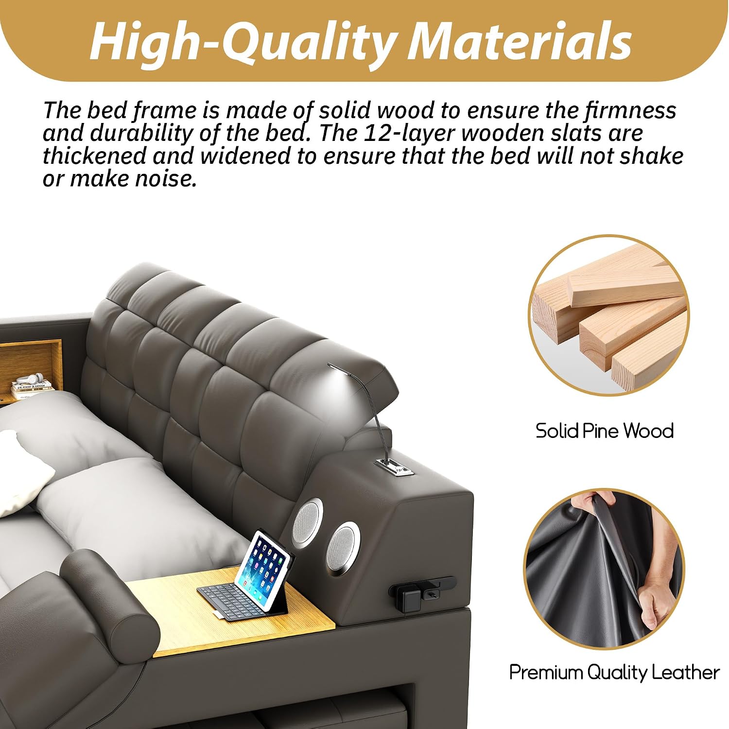 Multifunctional King Bed Frame, Gray Luxury Smart Bed Frames with Massage Chaise Lounge on Right, Modern Bed with Bluetooth Speakers & USB Charging Station for Bedroom