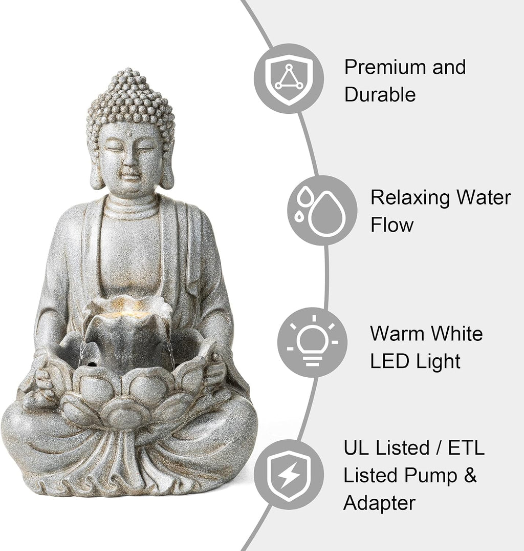 Glitzhome Buddha Fountain Outdoor with Pump & LED Light 23.25' H, 2-Tier Zen Style Concrete Meditating Buddha Statues Water Fountains Floor Fountains Buddhas Sculpture for Garden Patio Backyard