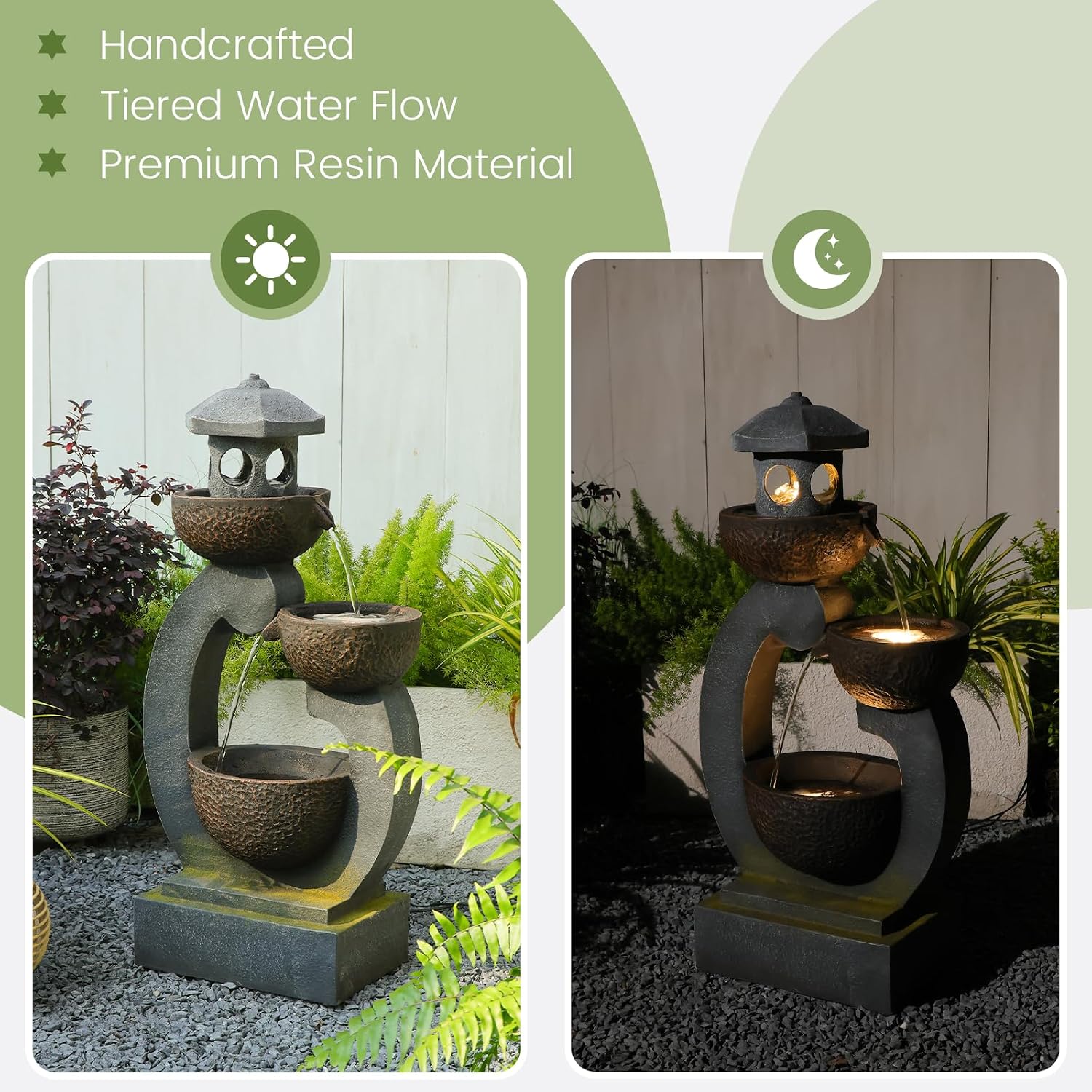 Outdoor Water Fountain with LED Lights, 3-Tier Zen Garden Fountain for Patio, Yard & Porch Decor – Durable Resin Waterfall Feature with Modern Japanese-Style Design, 35' Tall