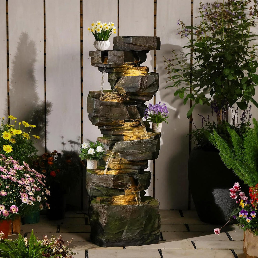 Sunlinua 48.6' H Outdoor Water Fountain with 6 Tiers Large Cascading Realistic Rock Waterfall Fountains with LED Lights Outdoor Water Fountain for Garden Patio Backyard Porch Home Decor