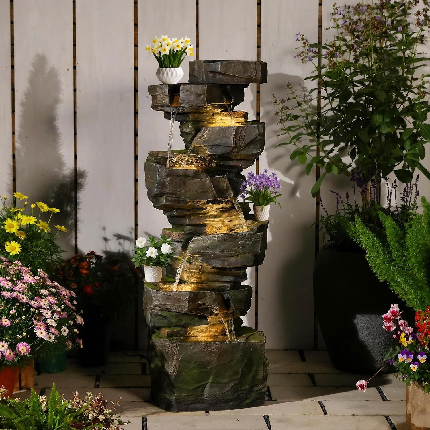 Sunlinua 48.6' H Outdoor Water Fountain with 6 Tiers Large Cascading Realistic Rock Waterfall Fountains with LED Lights Outdoor Water Fountain for Garden Patio Backyard Porch Home Decor