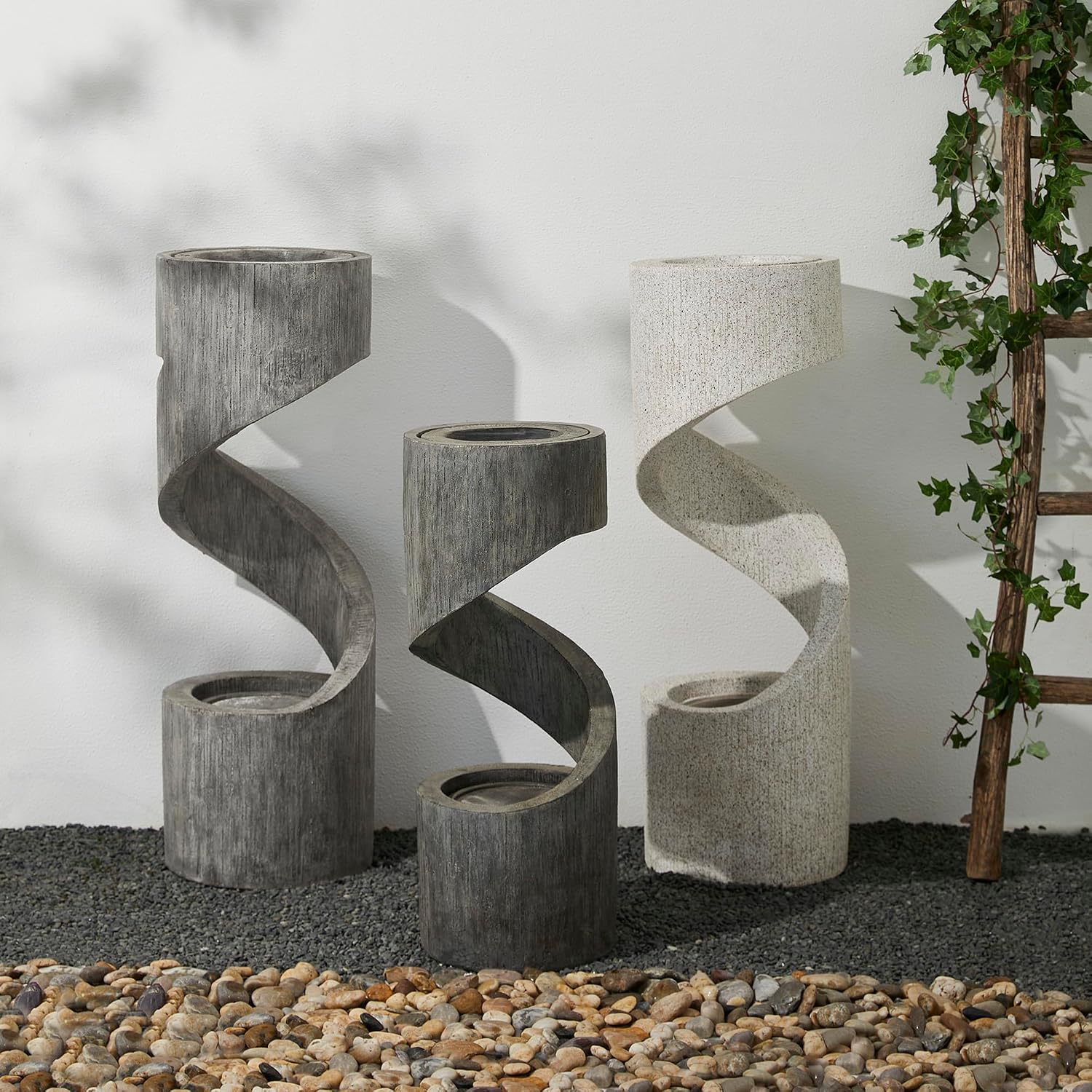 Glitzhome Outdoor Fountain with LED Light, Spiral Water Fountain Outdoor with Stone Planter, Modern Curved Waterfall Fountains Water Feature for Garden Patio, 31.3'H
