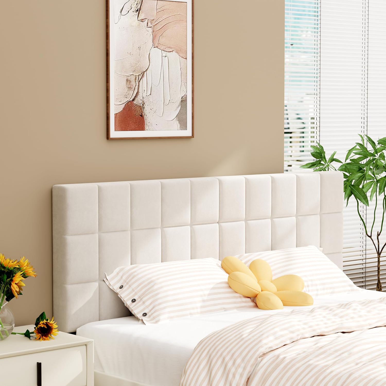Andeworld Velvet Upholstered Tufted King Size Headboard,Wood Head Board with Metal Legs, Adjustable Height from 42' to 56', Bed Headboard in Modern Design,Backboard for Bed, Beige