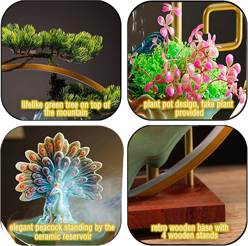 Tabletop Water Fountains Indoor Waterfall Desktop Fountain for Meditation with Mist Japanese Fountain with Fake Plants Feng Shui Office Home Decor for Good Luck Wealth (Peacock)