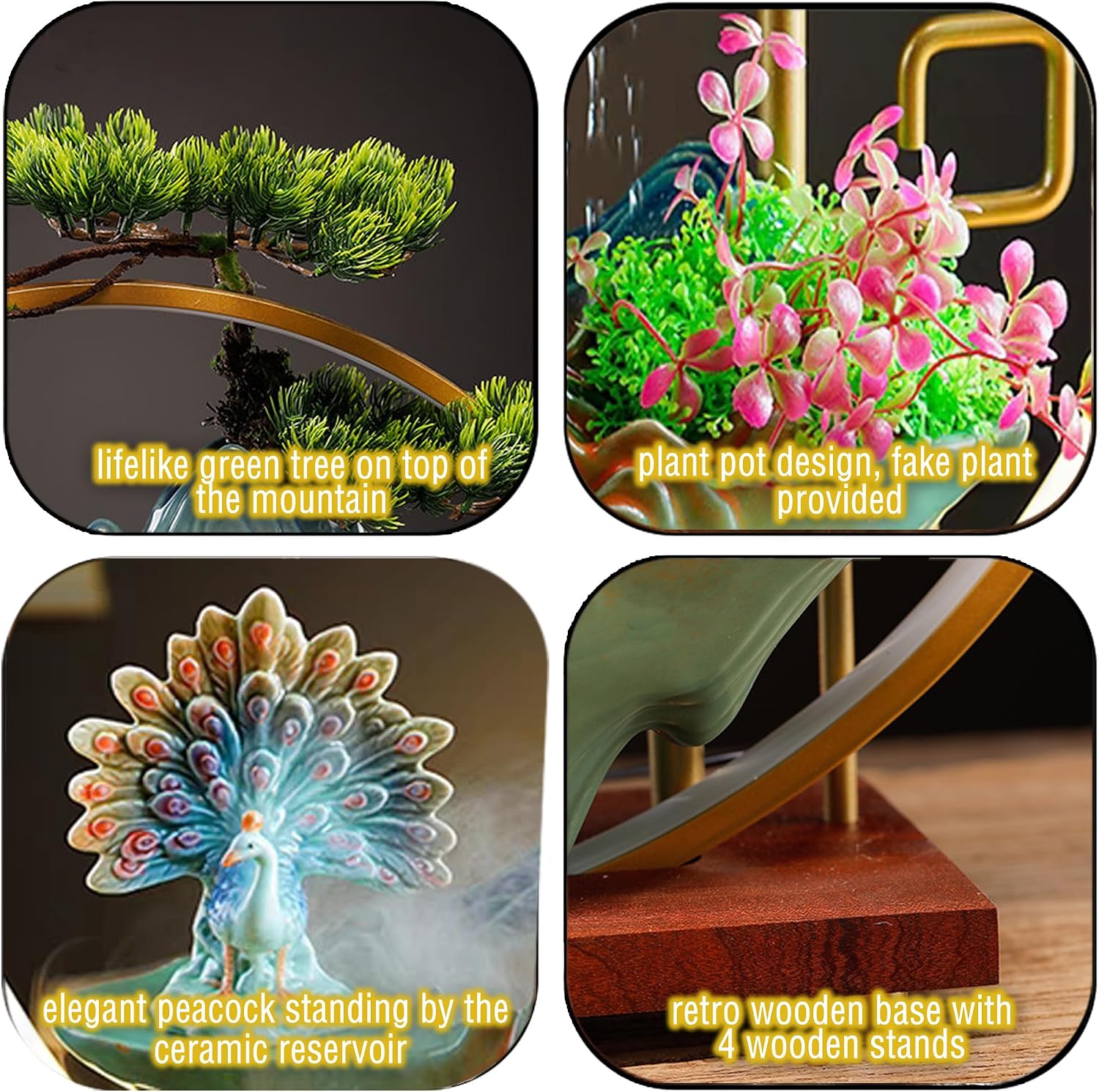 Tabletop Water Fountains Indoor Waterfall Desktop Fountain for Meditation with Mist Japanese Fountain with Fake Plants Feng Shui Office Home Decor for Good Luck Wealth (Peacock)