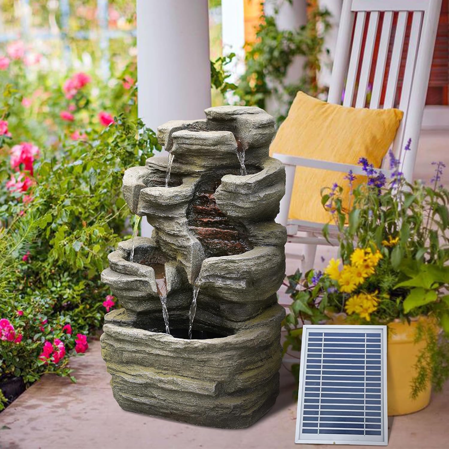 6-Tier Solar Water Fountain Outdoor, 24.4' H Cascading Rock Feature Garden Fountains and Waterfalls with Light, Pump, Solar Panel for The Patio, Deck, Porch, Backyard Home Décor, Stone Gray