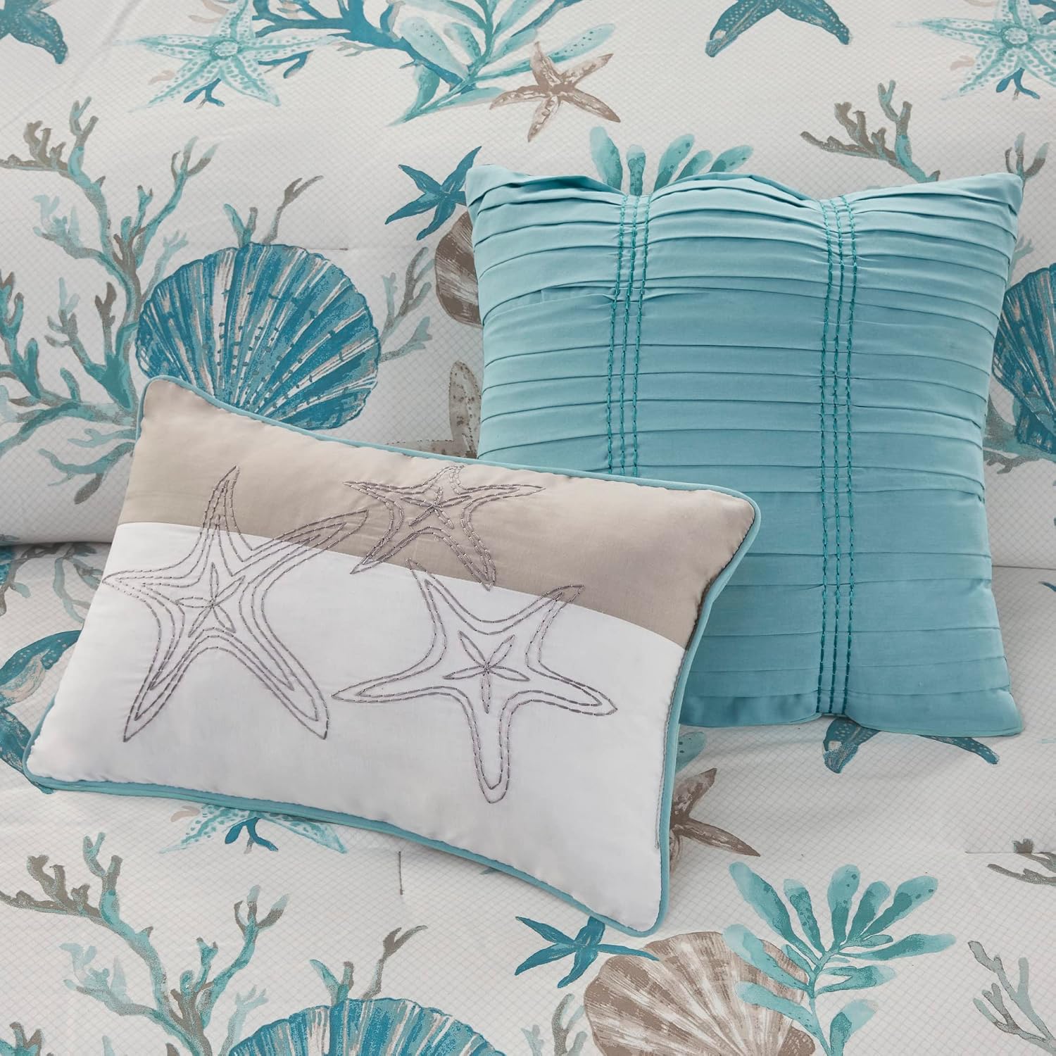 Madison Park Pebble Beach Pebble Beach 100% Cotton Comforter Set - Coastal Coral, All Season Down Alternative Cozy Bedding with Matching Shams, Decorative Pillow, Cal King(104'x92') Aqua 7 Piece