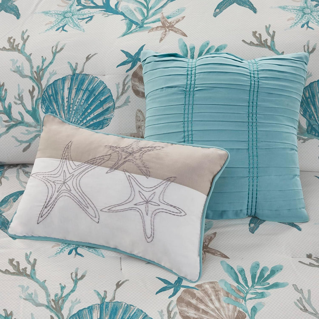 Madison Park Pebble Beach 100% Cotton Comforter Set - Coastal Coral, Starfish Design All Season Down Alternative Cozy Bedding with Matching Shams, Decorative Pillow, King(104'x92') Aqua 7 Piece