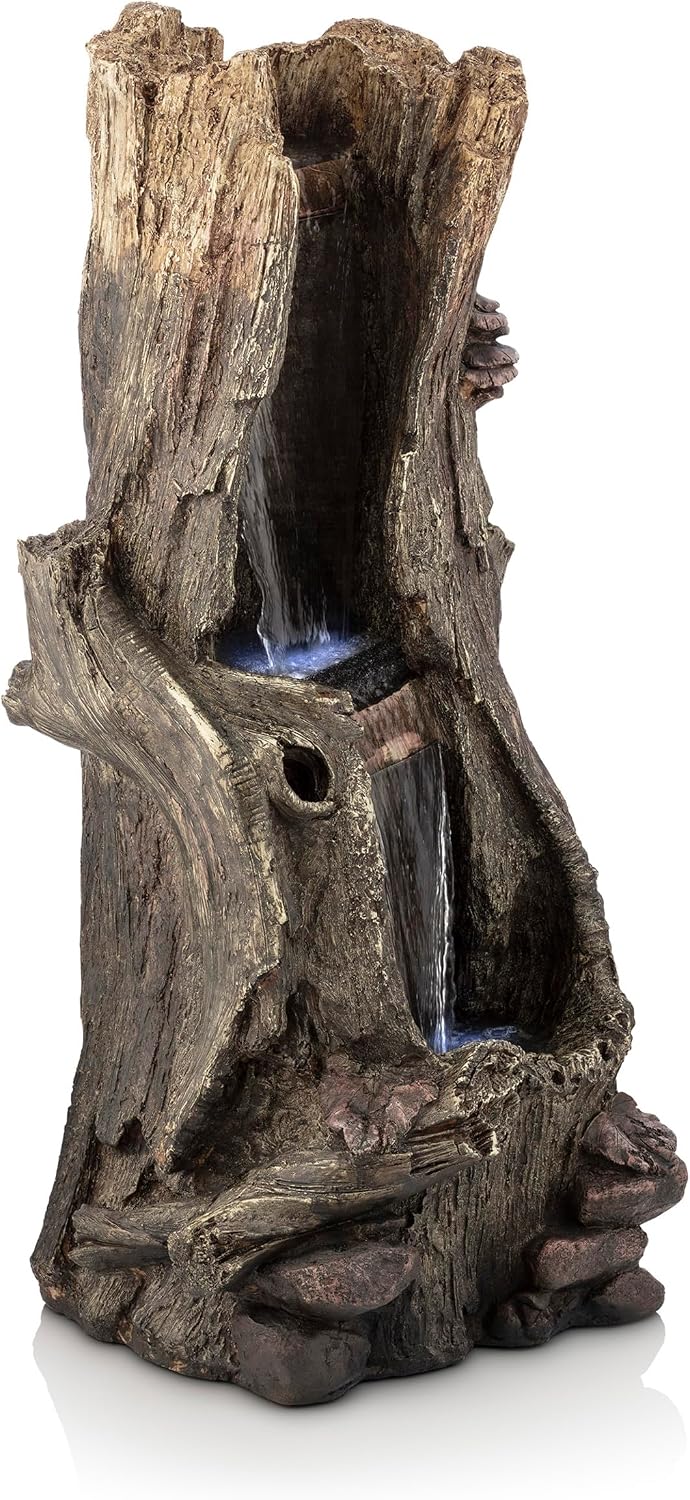 Alpine Corporation WIN258 Outdoor Rainforest Waterfall Tree Trunk Floor Fountain with LED Lights, Tiered Garden Decor, 41' H, Brown