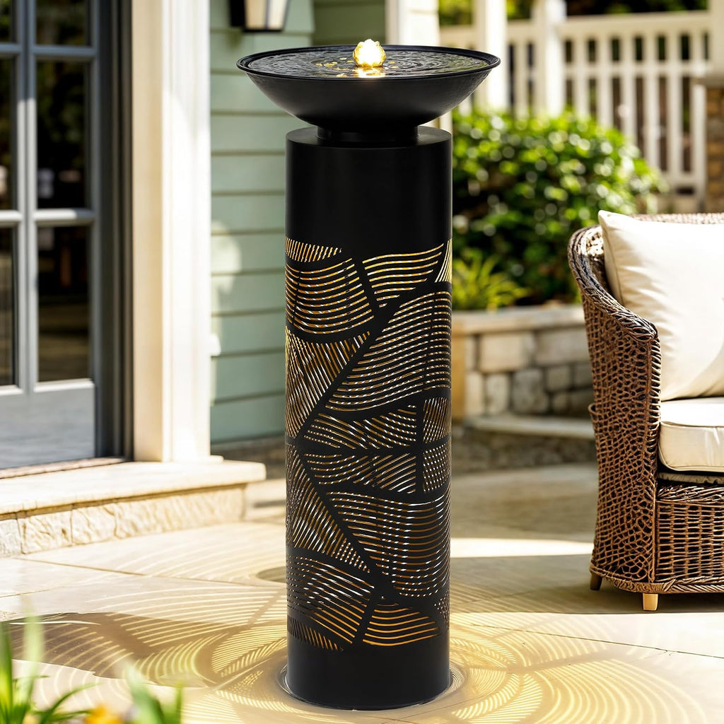 32' H Metal Cutout Outdoor Fountain with Charming Lights & Shadow, Modern Geometric Pedestal Birdbath Water Fountain, Relaxing Water Feature for Garden Patio Yard Front Door Décor, Black