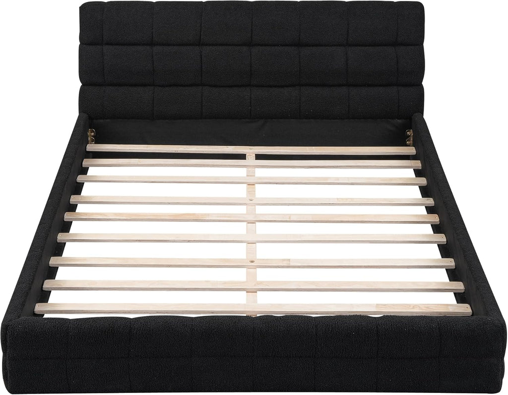 JIVOIT Queen Size Upholstered Platform Bed, Berber Fleece Upholstered Bed with Headboard, Wood Low Platform Bed Frame with Wood Slats Support, No Box Spring Required (Black & 12)