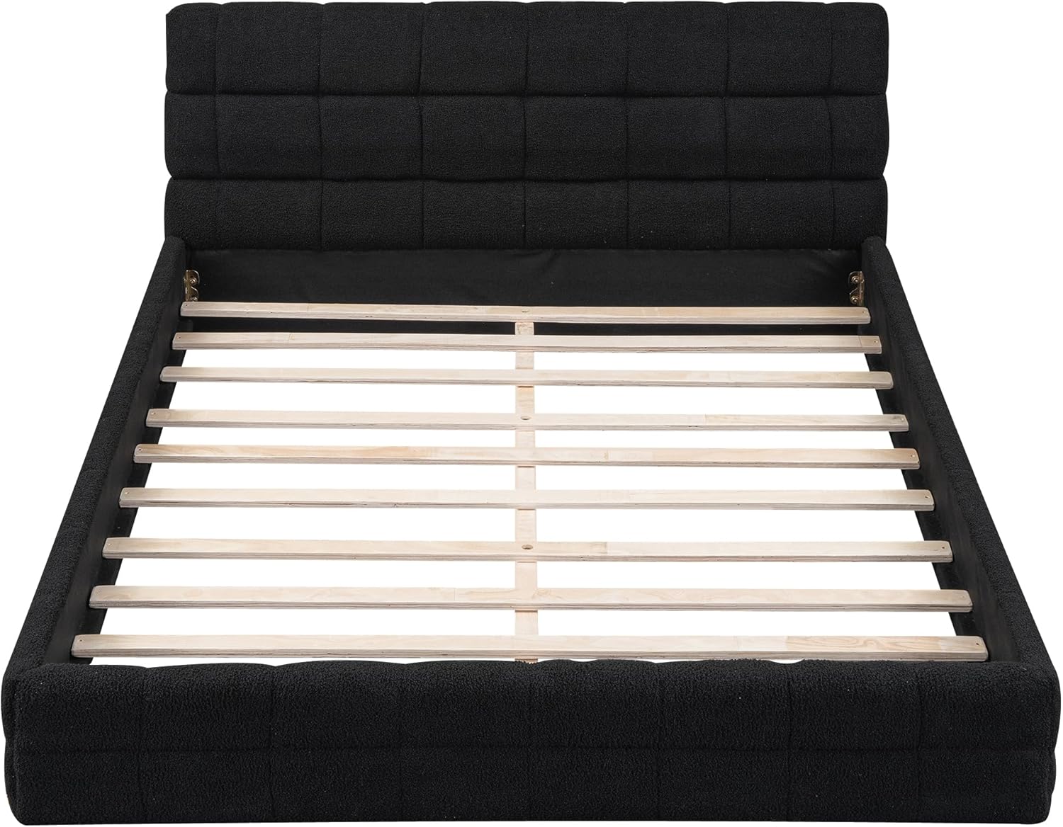 Ball & Cast Queen Size Low Bed Frame with Soft Fleece Headboard, Grounded Floor Platform Bed with Wood Slats Support for Kids Teens Adults, No Box Spring Needed,Easy Assembly,Black