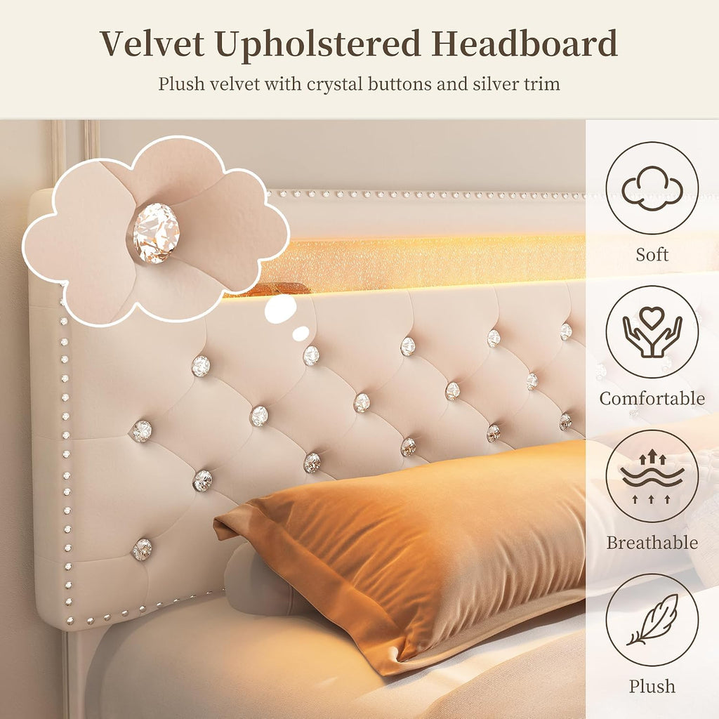 Queen Led Bed Frame with 2 Drawers, Modern Sturdy Adjustable Upholstered Crystal Button Tufted Headboard Platform Bedframe with Storage, No Box Spring Needed, Noise-Free, Easy Assembly, Velvet Cream