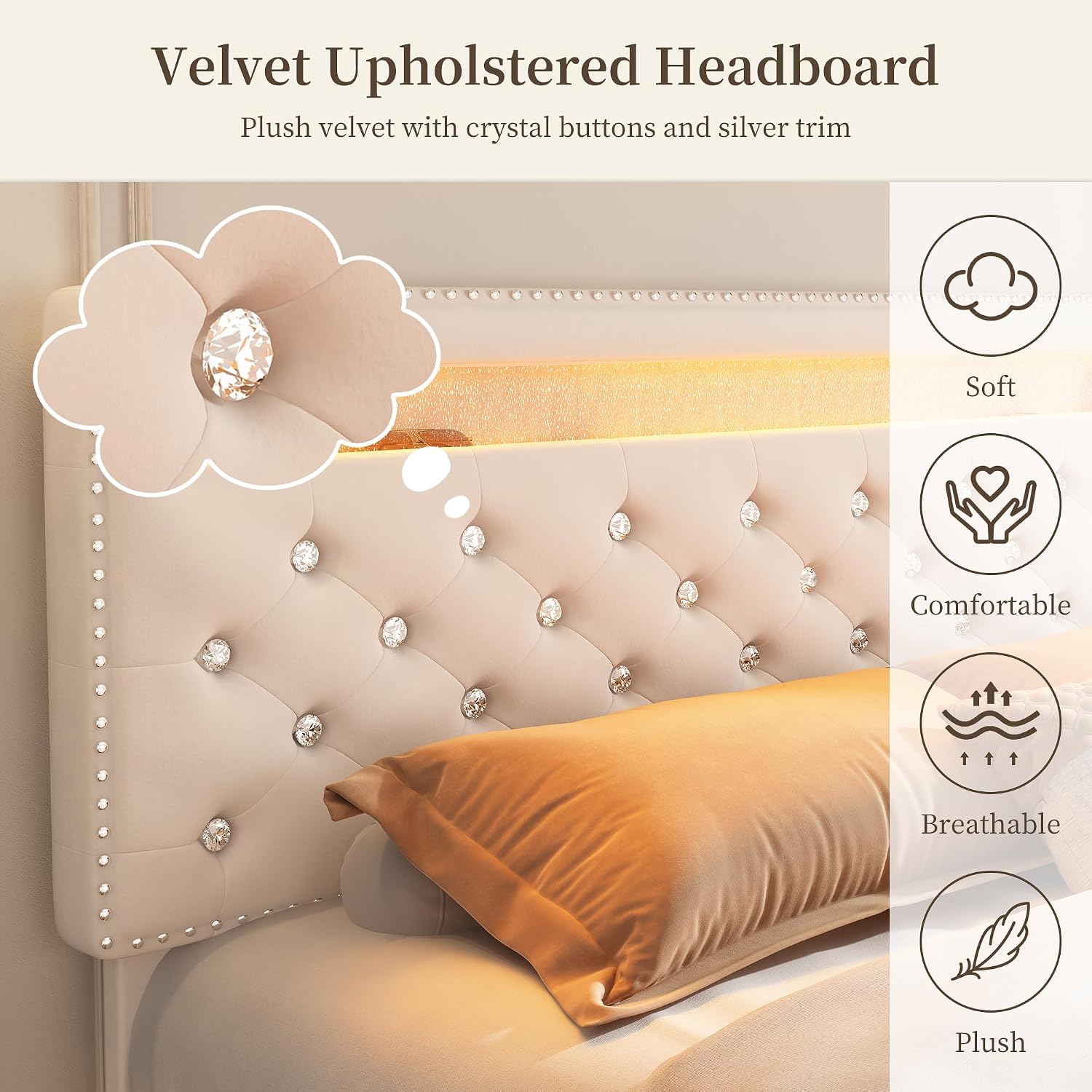 Queen Led Bed Frame with 2 Drawers, Modern Sturdy Adjustable Upholstered Crystal Button Tufted Headboard Platform Bedframe with Storage, No Box Spring Needed, Noise-Free, Easy Assembly, Velvet Cream