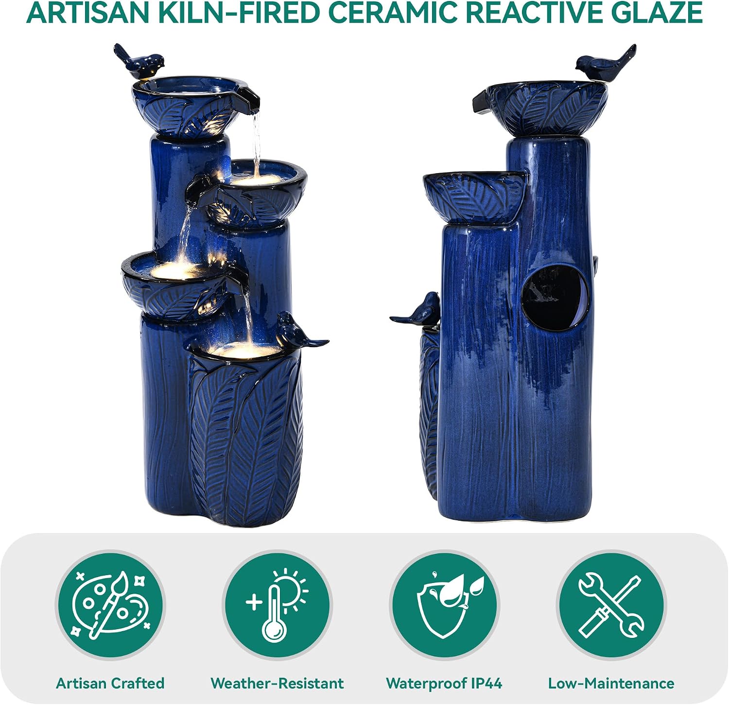 33' H Ceramic Outdoor Water Fountain with LED Lights, 4-Tier Bowl Water Feature with Birds, Cobalt Blue Glaze, Embossed Leaf Pattern, Cascading Waterfall for Tranquil Garden, Patio, or Porch