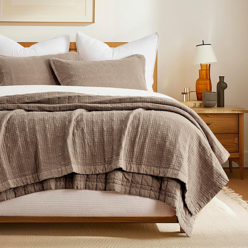 EVERGRACEHOME Stonewashed Cotton Quilt Set King Size, Ultra Soft Oversized Bedspread Coverlet Set, Lightweight Crinkle Box Stitch Bedding Sets for All Season, with 2 Shams, Mocha Brown