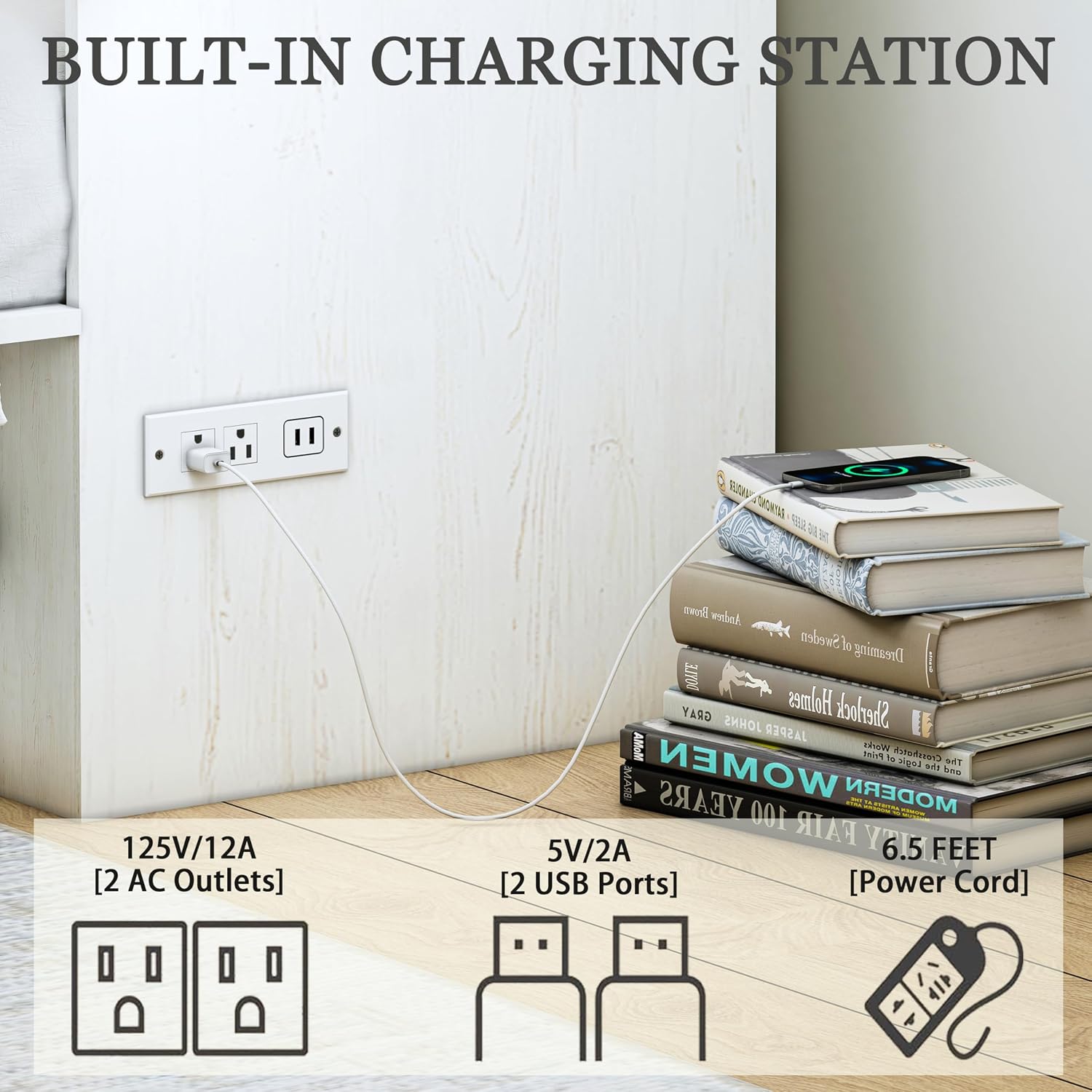 Full Size Murphy Bed with Charging Station and Large Drawer, Farmhouse Cabinet Bed with Storage, Multifunctional Wood Hidden Folding Bed Frame for Bedroom, White