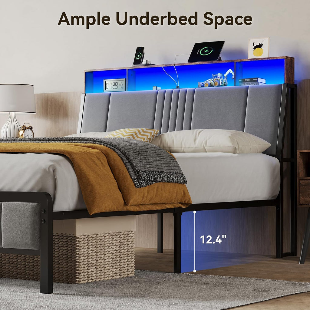 BedsPick Full Size Bed Frame with Ergonomic Headboard, Upholstered Metal Platform Bed Full with 2-Tier Storage, Charging Station, Smart LED Lights, Easy Assembly, No Box Spring Needed, Gray
