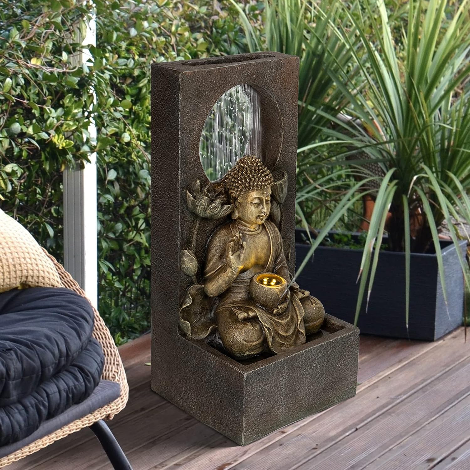 Ferrisland Buddha Waterfall Fountain Outdoor, Freestanding Relaxing Water Fountain, Asian Zen Fengshui Patio Garden Backyard Decking Home Decor, Gift Ideas (Gold, 27.6' H)