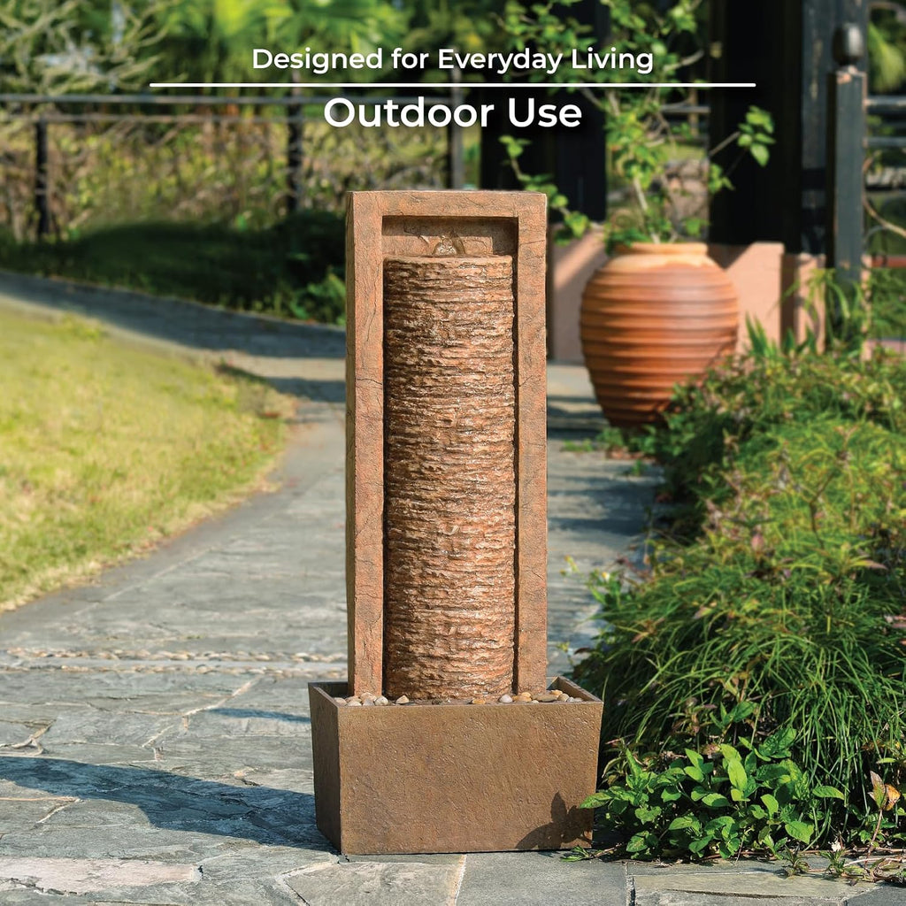 Teamson Home Framed Layered Rock Design Patio Water Fountain–Warm Glow Lighting with Steady Flow & Electric Pump, Brown