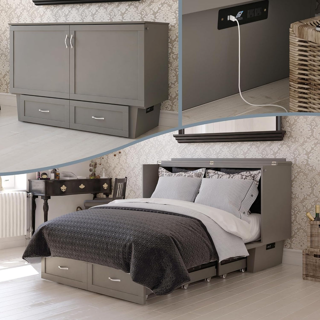 AFI, Monroe Queen Murphy Bed Chest with 6' Mattress, Storage Drawer & Built-in USB Charger, Grey