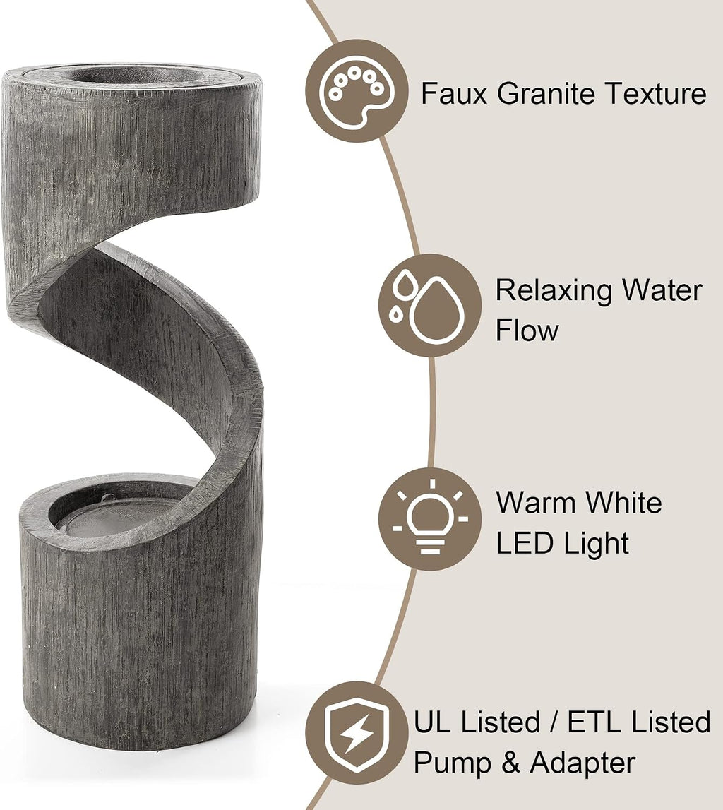 Glitzhome Outdoor Water Fountain with LED Light, Spiral Outdoor Fountain Waterfall with Stone Planter, Modern Curved Freestanding Fountain Water Feature for Garden Patio Backyard, 31.3' H