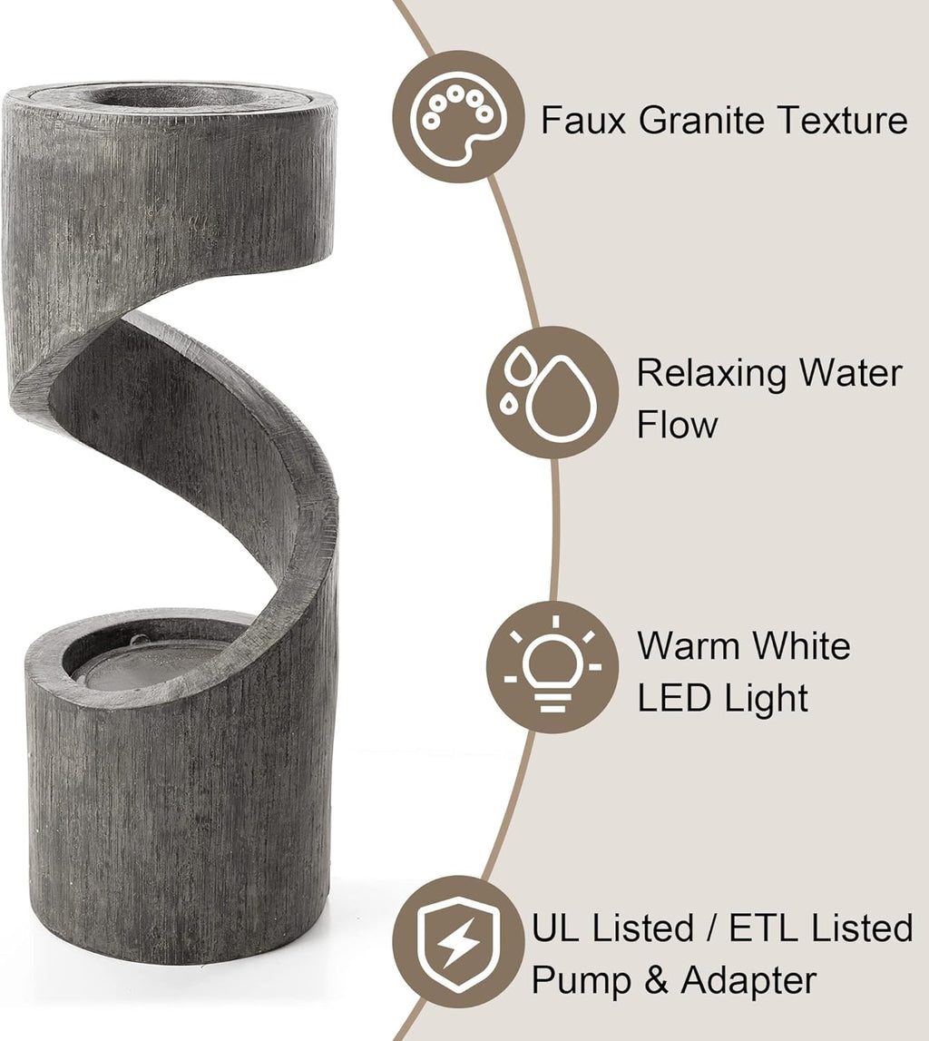 Glitzhome Outdoor Fountain with LED Light, Spiral Water Fountain Outdoor with Stone Planter, Modern Curved Waterfall Fountains Water Feature for Garden Patio, 31.3'H