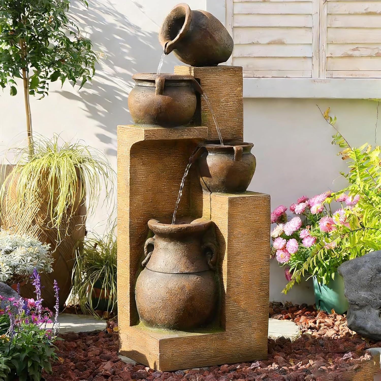 Bumilgar 53' H Large Outdoor Water Fountain with Lights - 4 Tiered Cascading Bowls Waterfall Fountain for Garden, Patio, Backyard, Porch Inside - Freestanding Outdoor Water Feature Gold