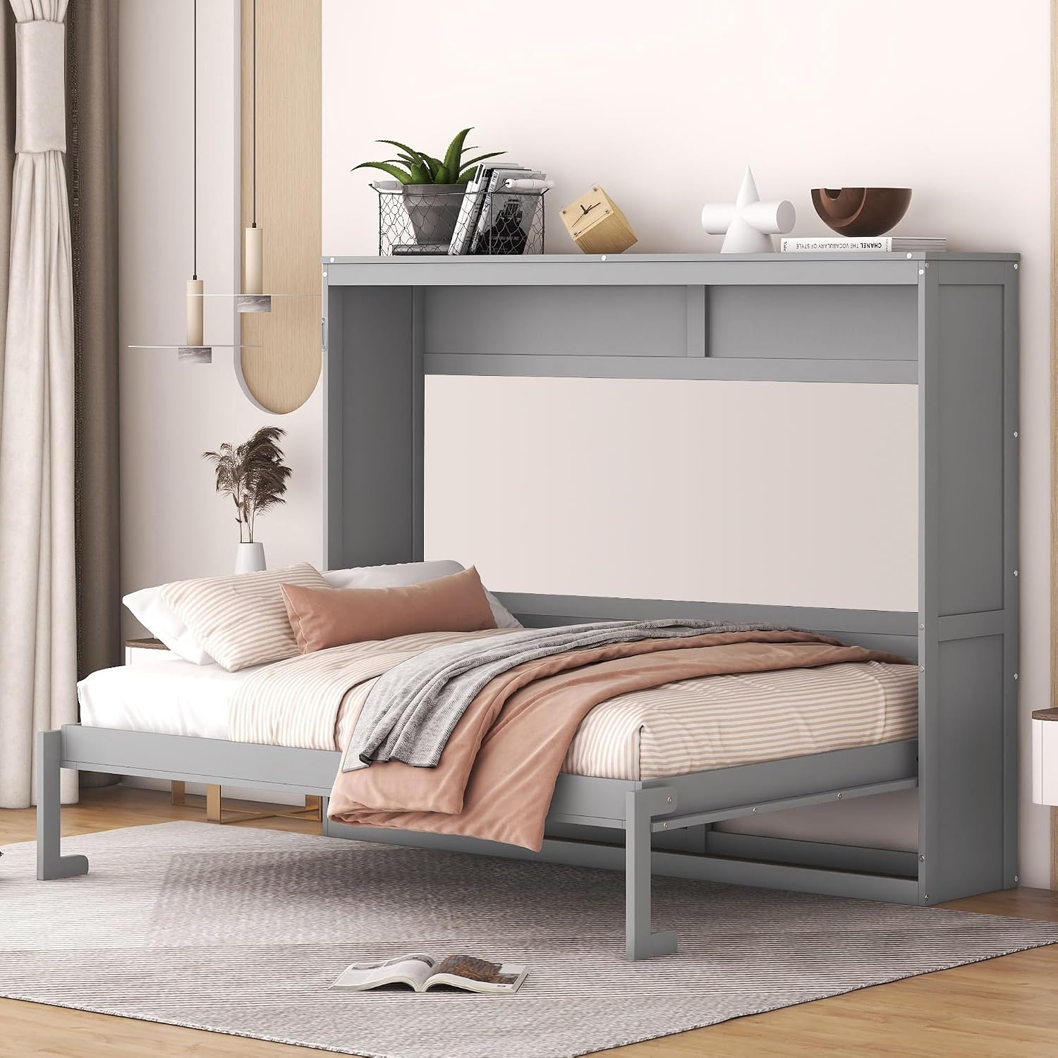 Merax Modern Murphy Cabinet Bed, Solid Wood Wall Platform Bed/No Box Spring Needed/Easy Assemble/Full,Gray