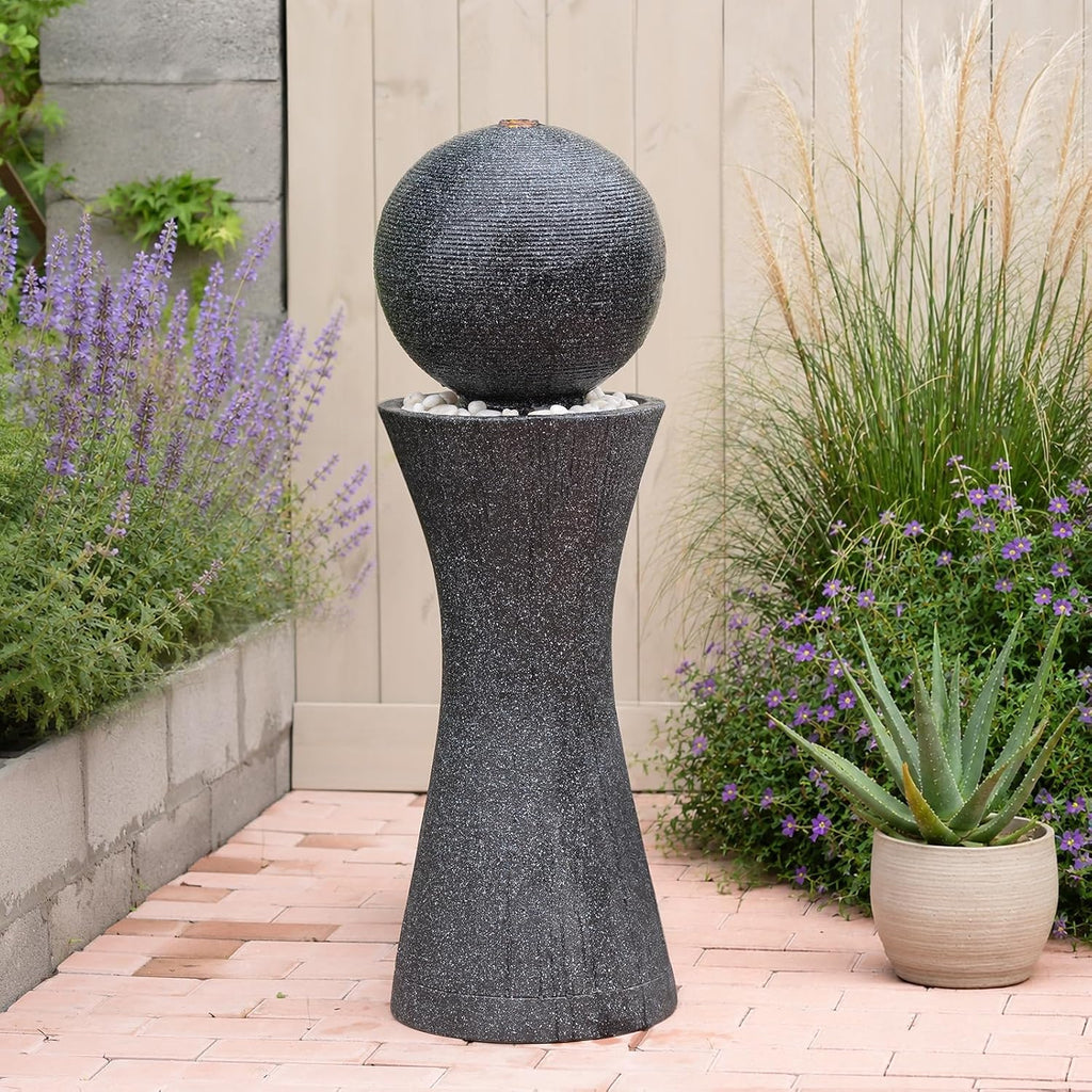 41.73' Tall Sphere Outdoor Water Fountain with LED Light, Modern Black Polyresin Sphere Floor Fountain Outdoor Water Feature with Curved Pedestal for Garden, Patio, Backyard, Porch and Home Art Decor