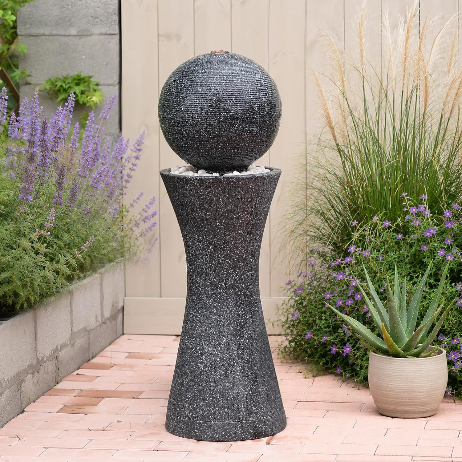 41.73' Tall Sphere Outdoor Water Fountain with LED Light, Modern Black Polyresin Sphere Floor Fountain Outdoor Water Feature with Curved Pedestal for Garden, Patio, Backyard, Porch and Home Art Decor