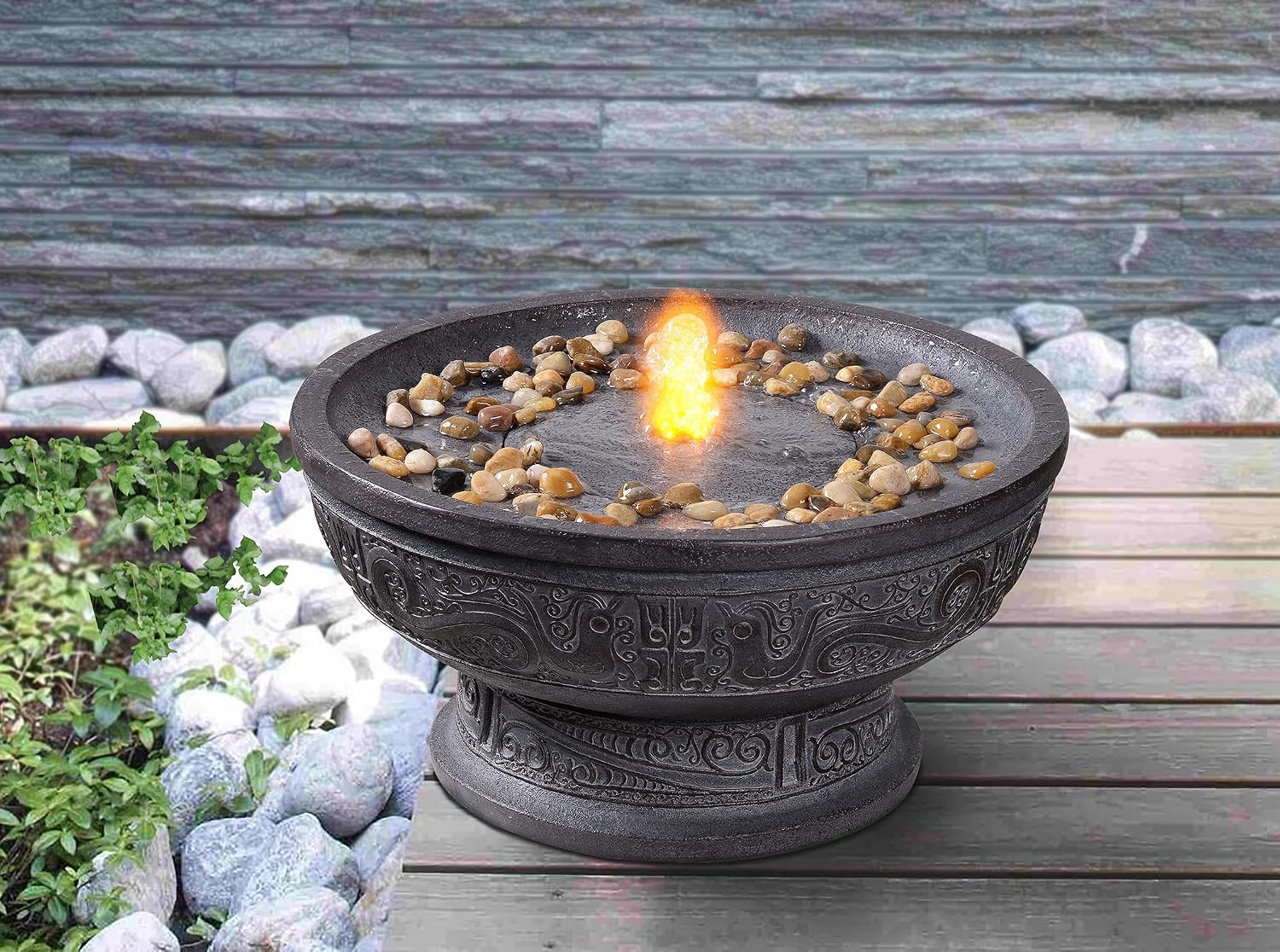 GOSSI Outdoor Water Fountain with Led Light Decorative Pedestal Bowl Design with River Stones Home Decoration, Modern Garden Fountain for Patio Decor