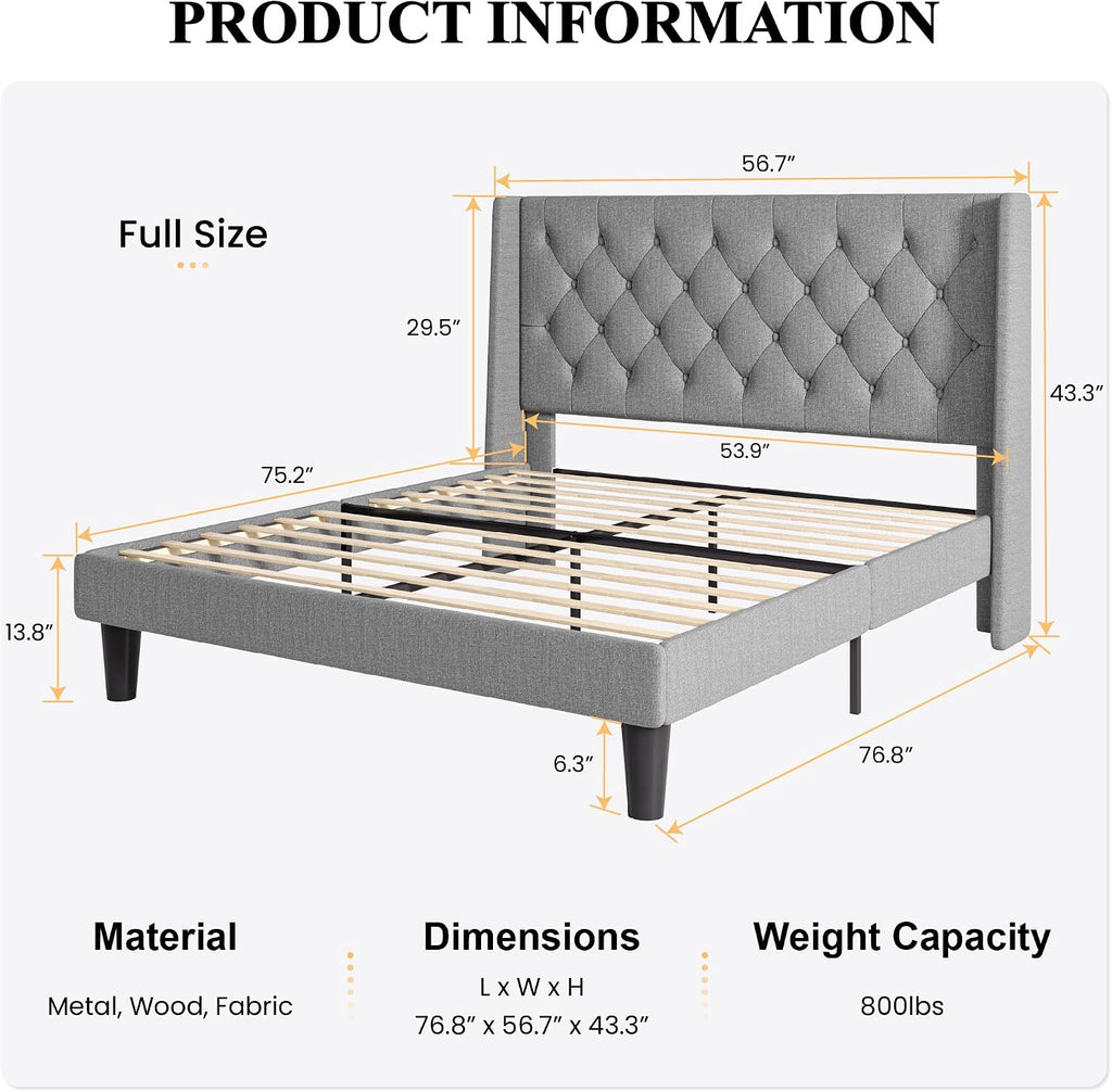 SHA CERLIN Full Size Upholstered Platform Bed Frame with Wingback Headboard, Tufted Linen Fabric, Wooden Slats Support, Easy Assembly, No Box Spring Needed, Light Grey