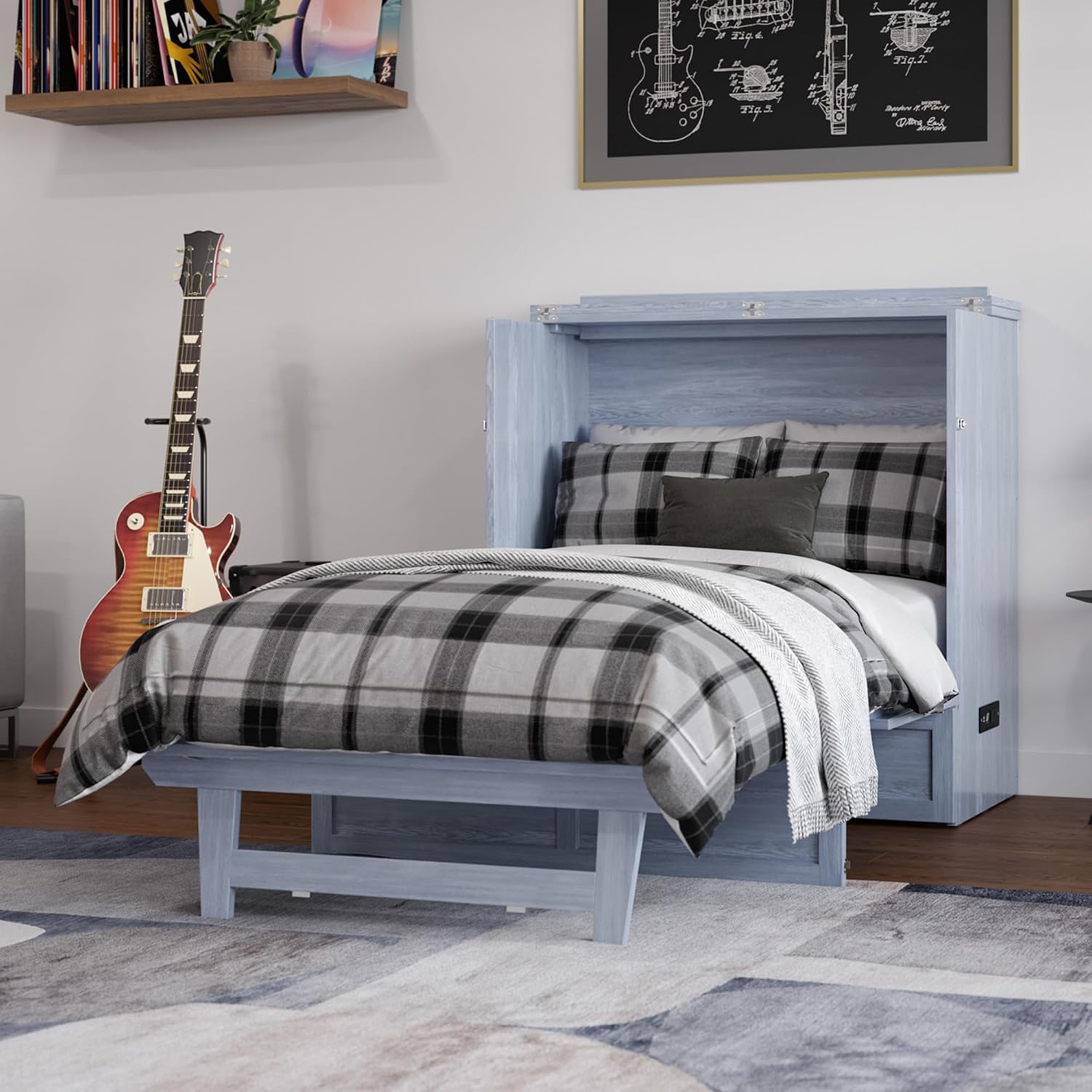 AFI, Northfield Murphy Bed Chest Twin XL with 6' Mattress, Storage Drawer & Built-in USB Charger, Driftwood