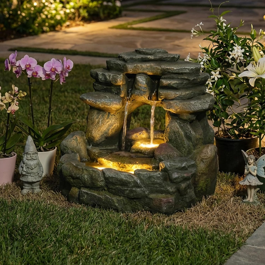 Bumilgar 15.6' H Small Garden Outdoor Rock Water Fountain with LED Lights, 3-Tier Cascading Waterfall Fountain for Patio, Porch, Backyard & Indoor Home Decor