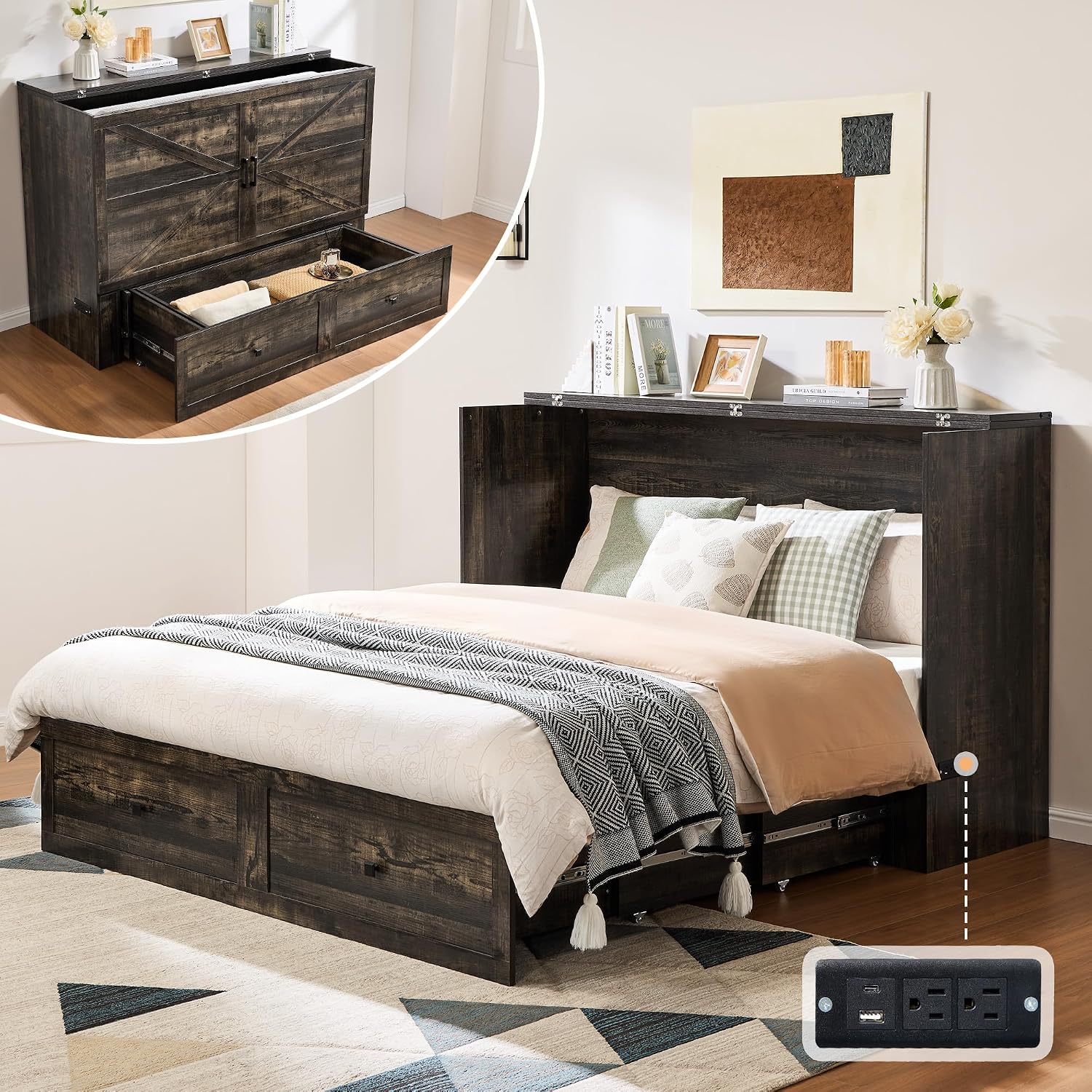 AMERLIFE Queen Murphy Bed Cabinet with Charging Station and Storage, Farmhouse Foldable Platform Bed for Guest Room, Office, Small Spaces, Black Oak