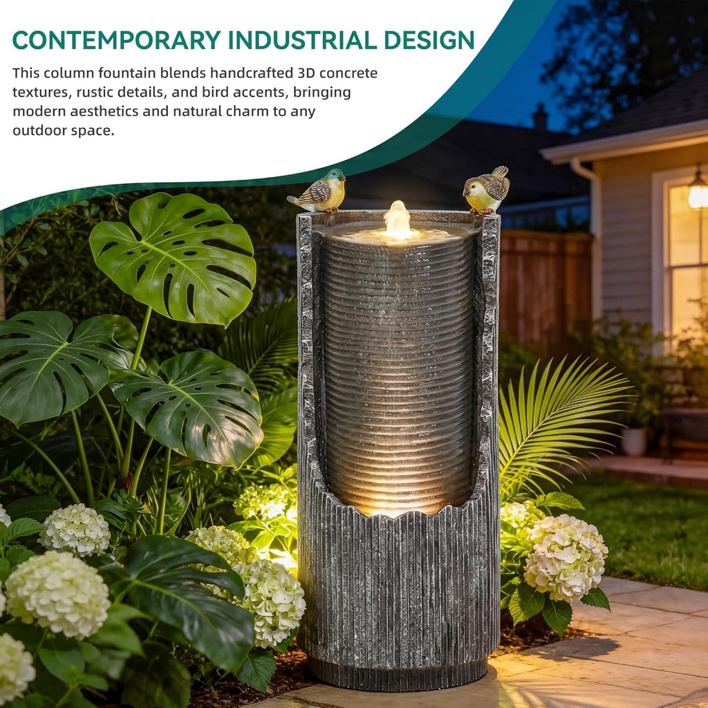 32' Rustic Cracked Jar Water Fountain Outdoor with LED Lights, Polyresin Freestanding Waterfall Feature, Tranquil Oasis for Garden, Patio, Yard, or Porch