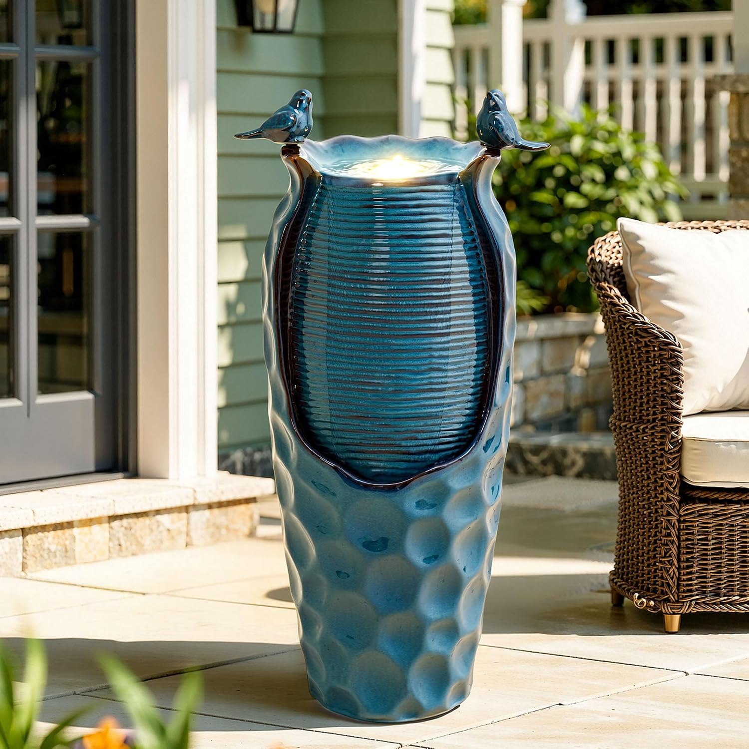 32.5' H Ceramic Jar Outdoor Fountain, Honeycomb Pot Water Feature with LED Lights, Soothing Trickling Waterfall for Garden, Patio, Yard, Balcony Oasis, KD Vivid Birds, Turquoise Glaze